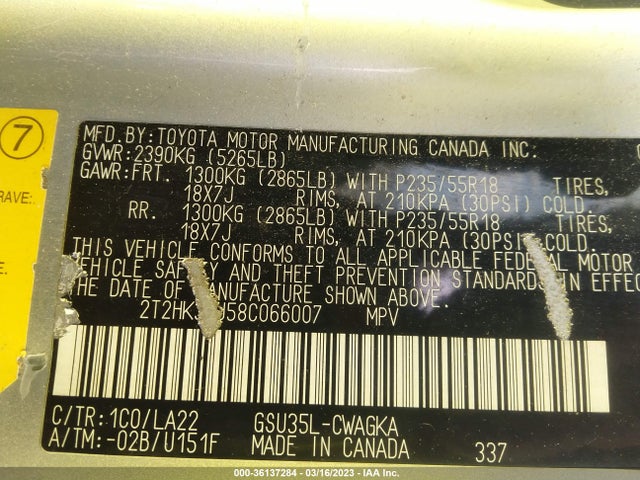 2T2HK31U58C066007 Lexus RX 350
