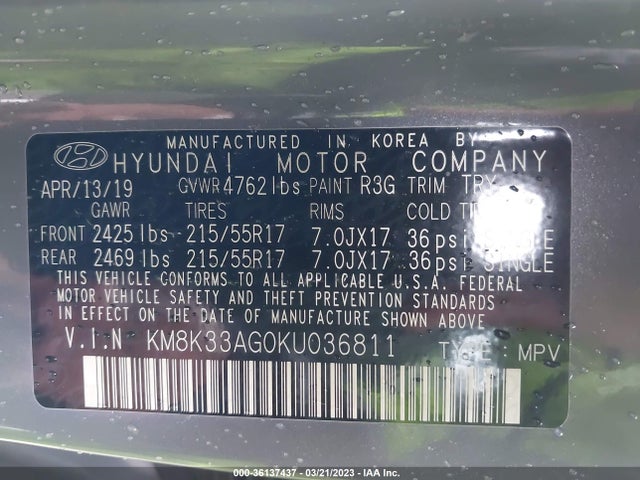 2019 Hyundai Kona, VIN: KM8K33AG0KU036811