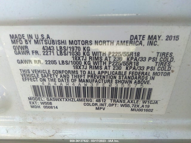 4A4AR4AW3FE035575 Mitsubishi Outlander Sport 2.4 Gt