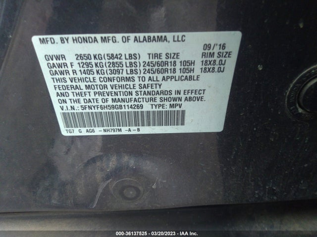 Honda Pilot Ex-l 2016 5FNYF6H59GB114269 Image 10