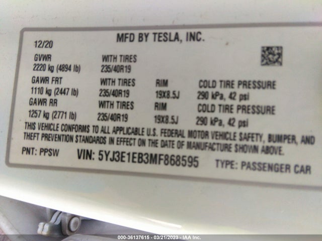 Tesla Model 3 Long Range 2021 5YJ3E1EB3MF868595 Image 10