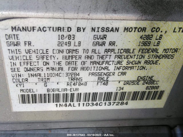Nissan Altima 2004 1N4AL11D34C137284 Image 11