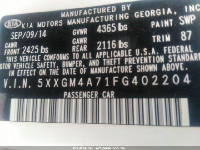 5XXGM4A71FG402204 KIA Optima Lx