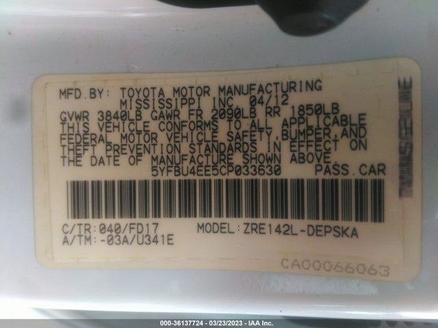2012 TOYOTA COROLLA L/LE/S VIN: 5YFBU4EE5CP033630