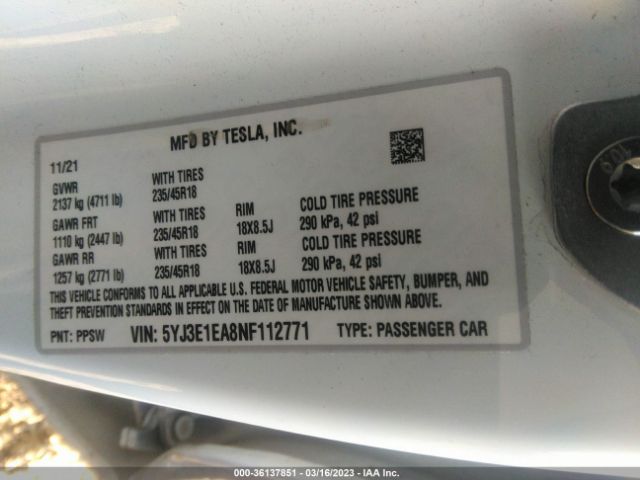 5YJ3E1EA8NF112771 Tesla MODEL 3