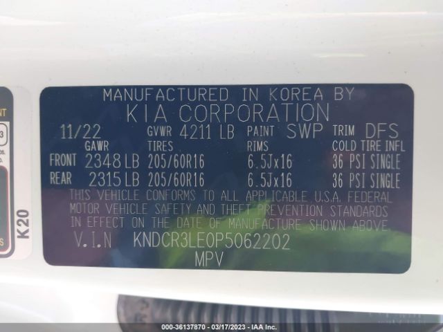 KNDCR3LE0P5062202 KIA NIRO EX