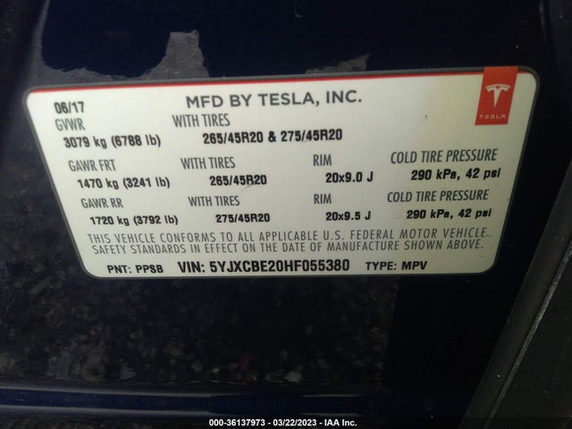 Tesla Model X 90d/75d/100d 2017 5YJXCBE20HF055380 Image 10