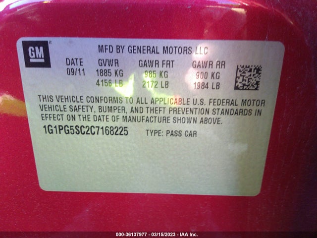 2012 CHEVROLET CRUZE LT W/2LT VIN: 1G1PG5SC2C7168225