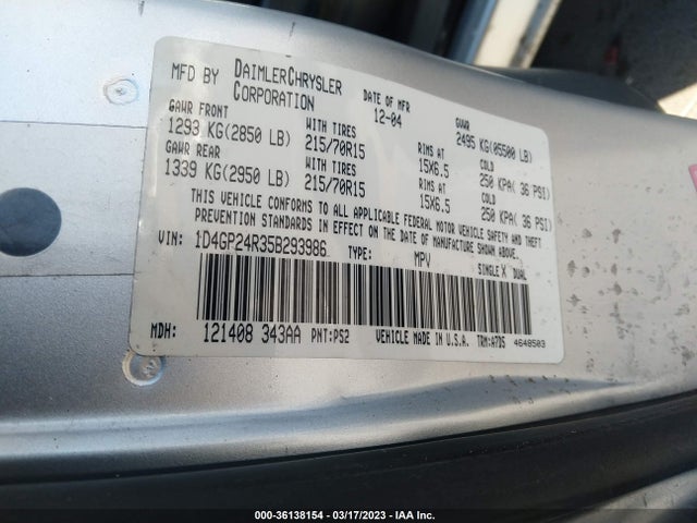 2005 DODGE GRAND CARAVAN SE VIN: 1D4GP24R35B293986