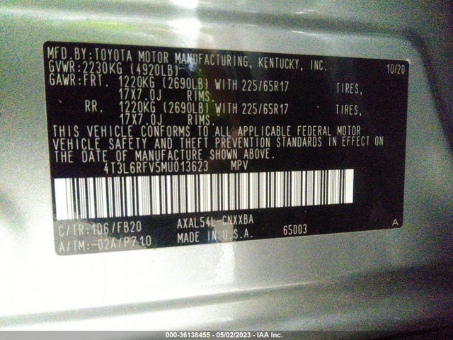 2021 TOYOTA RAV4 HYBRID LE VIN: 4T3L6RFV5MU013623