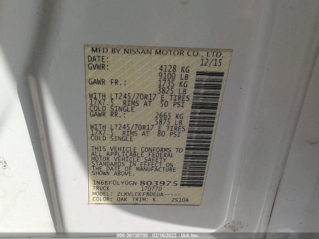 2016 Nissan NV, VIN: 1N6BF0LY0GN803975
