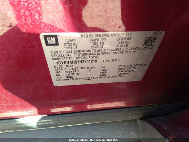 1GYKNARS7HZ241219 Cadillac Xt5 Fwd