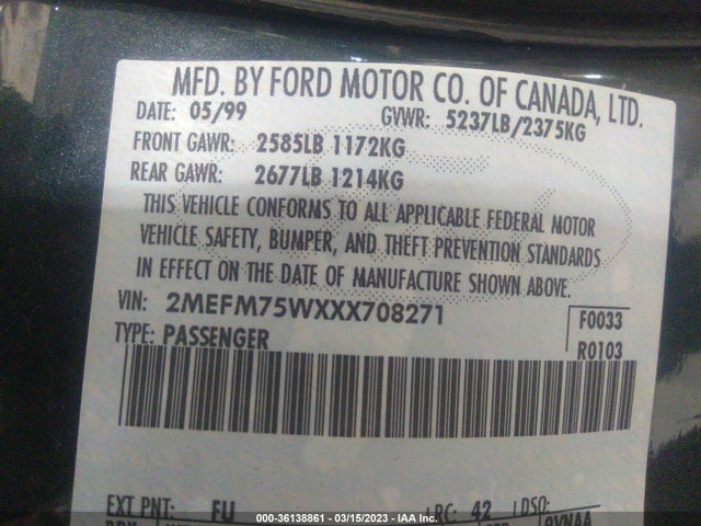 1999 MERCURY GRAND MARQUIS LS VIN: 2MEFM75WXXX708271