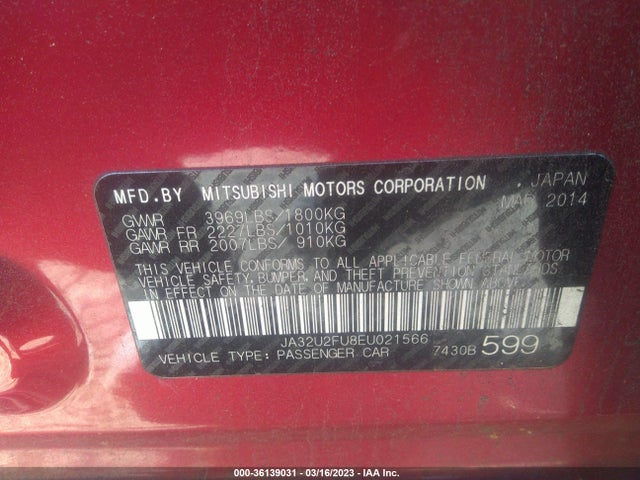 JA32U2FU8EU021566 Mitsubishi LANCER ES