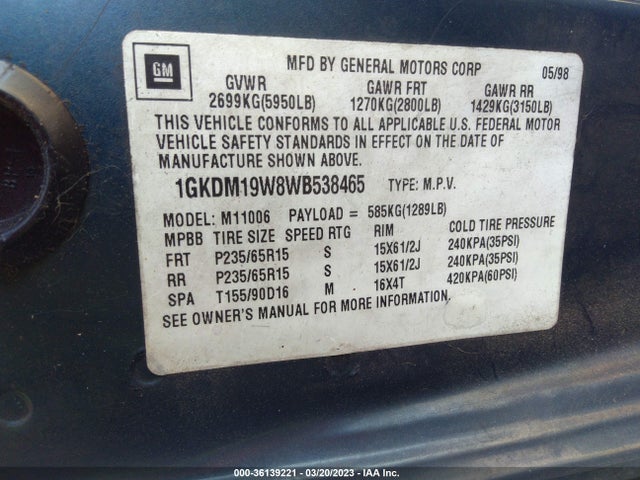 1998 GMC SAFARI PASSENGER VIN: 1GKDM19W8WB538465