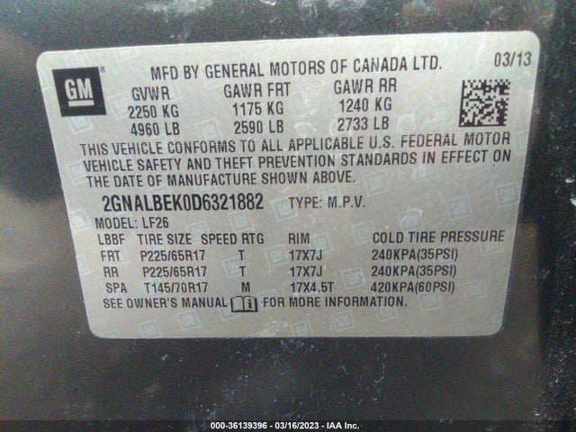 2013 CHEVROLET EQUINOX LS VIN: 2GNALBEK0D6321882