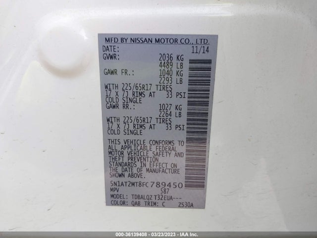 Nissan ROGUE SV 2015 5N1AT2MT8FC789450 Image 9