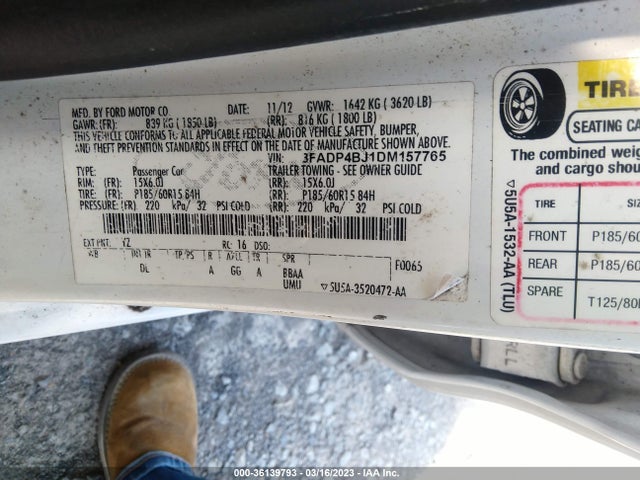 2013 FORD FIESTA SE VIN: 3FADP4BJ1DM157765