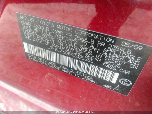 2009 LEXUS ES 350 VIN: JTHBJ46G892325285