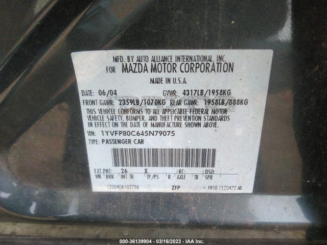 2004 MAZDA MAZDA6 I VIN: 1YVFP80C645N79075