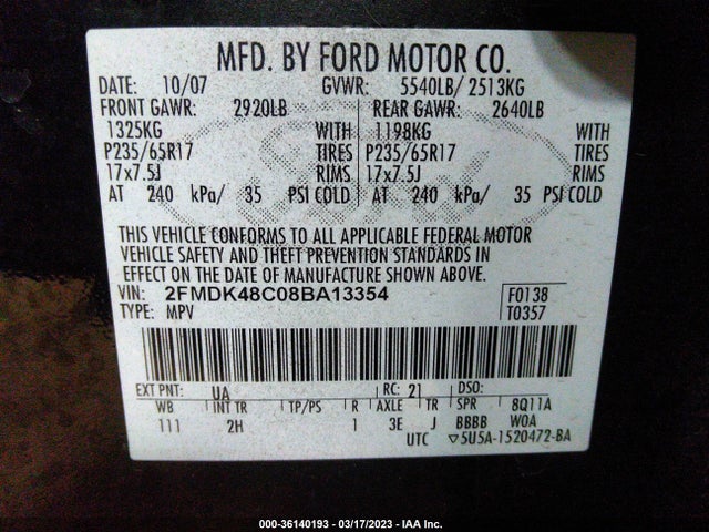 2008 FORD EDGE SEL VIN: 2FMDK48C08BA13354