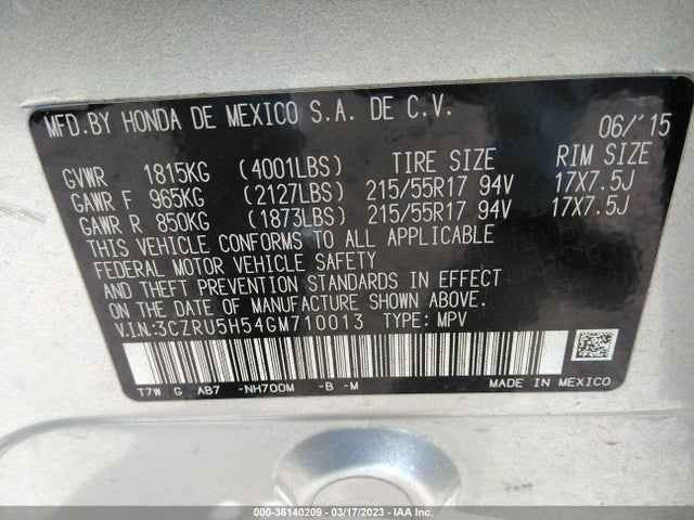 Honda HR-V EX 2016 3CZRU5H54GM710013 Image 9