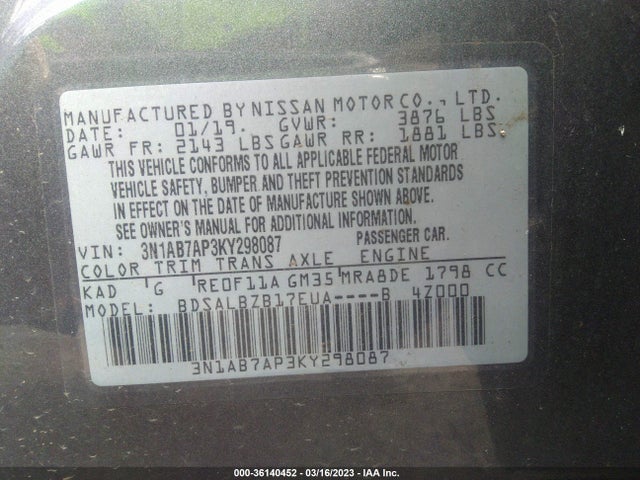 2019 NISSAN SENTRA S VIN: 3N1AB7AP3KY298087