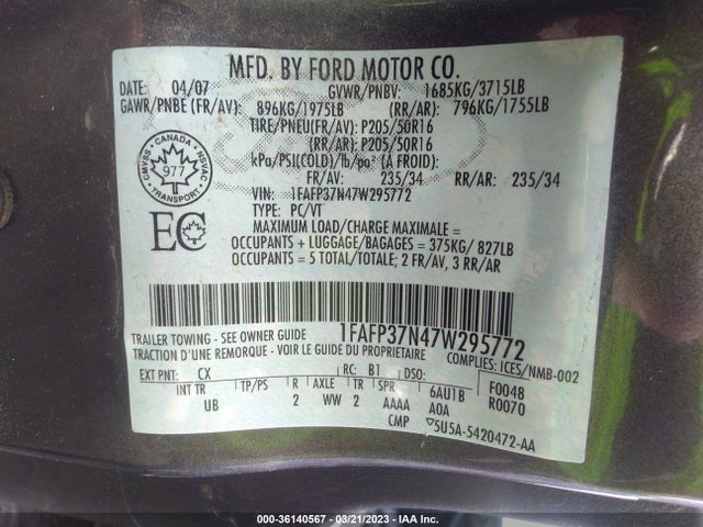 2007 FORD FOCUS S/SE/SES VIN: 1FAFP37N47W295772
