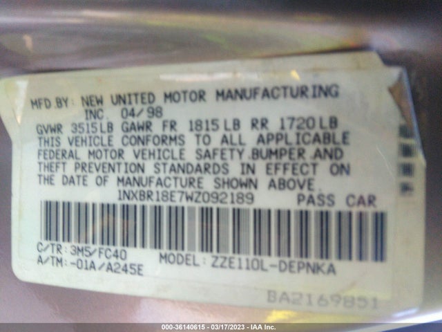1998 TOYOTA COROLLA VE/CE/LE VIN: 1NXBR18E7WZ092189