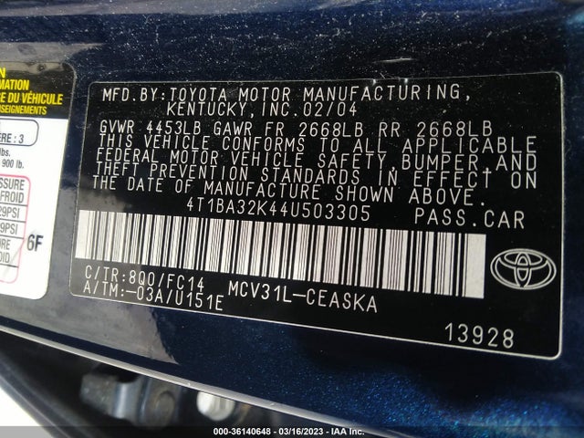 2004 TOYOTA CAMRY SE VIN: 4T1BA32K44U503305