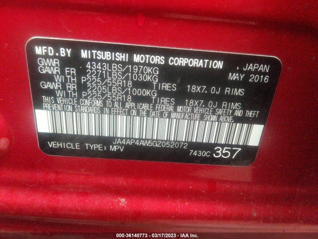 2016 MITSUBISHI OUTLANDER SPORT 2.4 VIN: JA4AP4AW5GZ052072