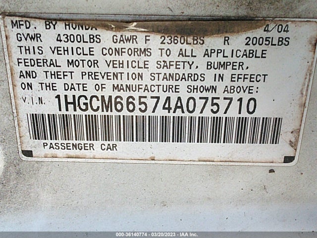 2004 HONDA ACCORD SDN EX VIN: 1HGCM66574A075710