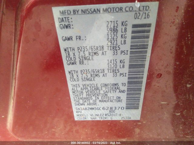 5N1AR2MM5GC628370 Nissan Pathfinder Platinum/sv/sl/s