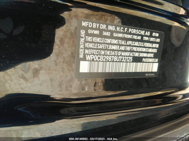 2008 PORSCHE BOXSTER S/S LIMITED EDITION VIN: WP0CB29878U732125