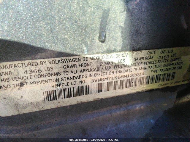 2008 VOLKSWAGEN JETTA SEDAN SE VIN: 3VWRM71K88M132014