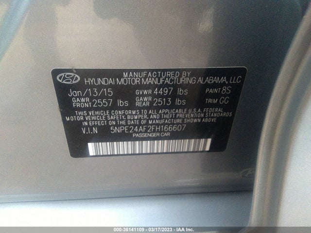 2015 HYUNDAI SONATA 2.4L SE VIN: 5NPE24AF2FH166607