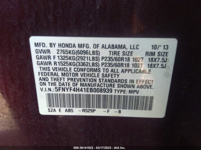 Honda Pilot Ex 2014 5FNYF4H41EB008939 Image 9
