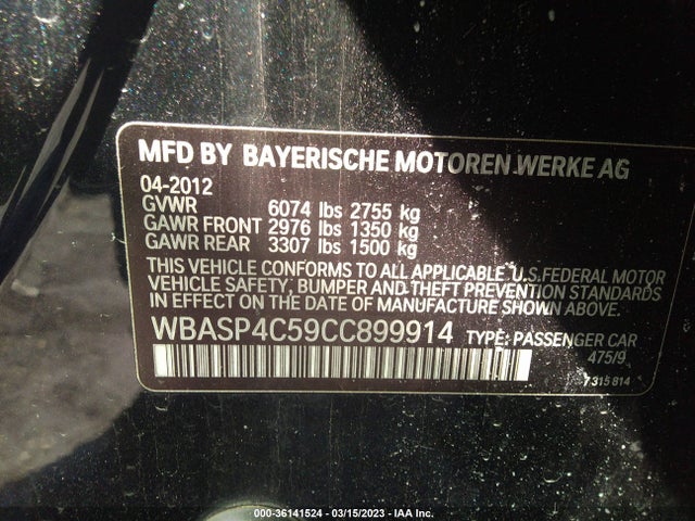 2012 BMW 5 SERIES GRAN TURISMO 550I XDRIVE VIN: WBASP4C59CC899914