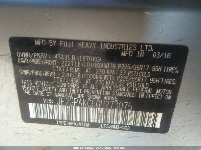 JF2GPAKC6GH273075 Subaru Crosstrek Limited