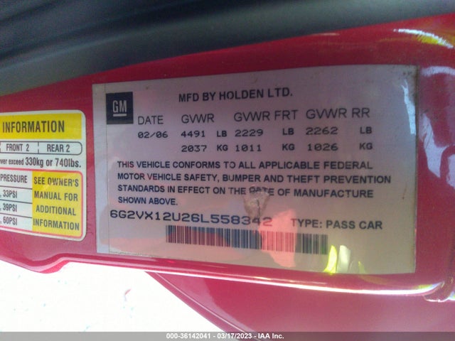 2006 PONTIAC GTO VIN: 6G2VX12U26L558342