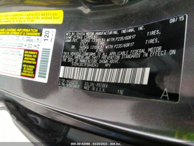 2015 TOYOTA SIENNA XLE/XLE AAS/LTD VIN: 5TDYK3DC1FS648343