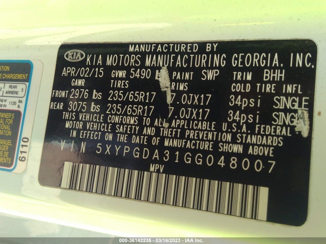 2016 KIA SORENTO LX VIN: 5XYPGDA31GG048007