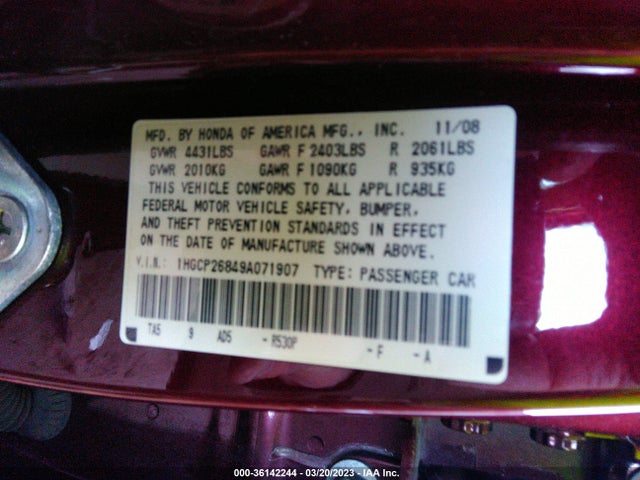 2009 HONDA ACCORD SDN EX-L VIN: 1HGCP26849A071907