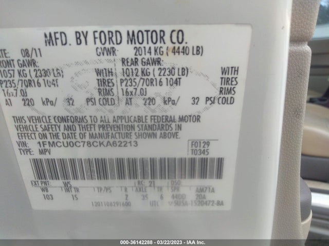 2012 FORD ESCAPE XLS VIN: 1FMCU0C78CKA62213