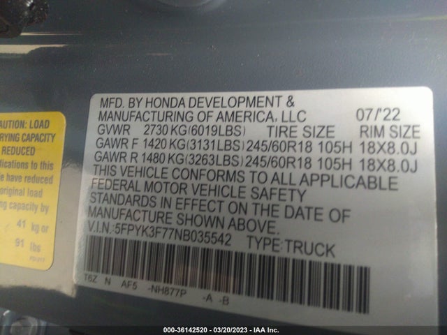 2022 Honda Ridgeline, VIN: 5FPYK3F77NB035542