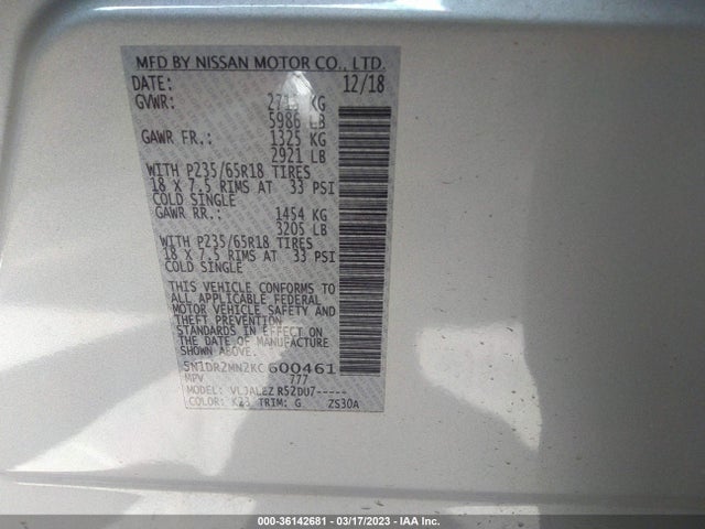 2019 NISSAN PATHFINDER SV VIN: 5N1DR2MN2KC600461