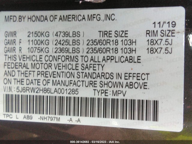 Honda Cr-v Ex-l 2020 5J6RW2H86LA001285 Image 9