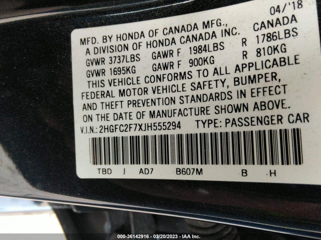 Honda Civic Sedan Ex 2018 2HGFC2F7XJH555294 Image 9