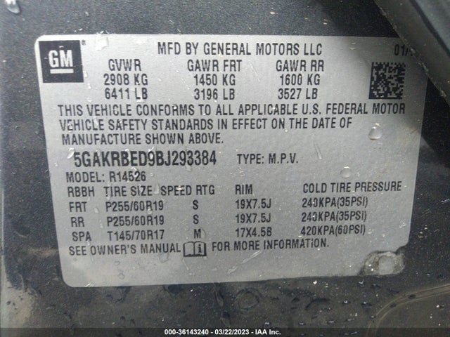 2011 BUICK ENCLAVE CXL-1 VIN: 5GAKRBED9BJ293384