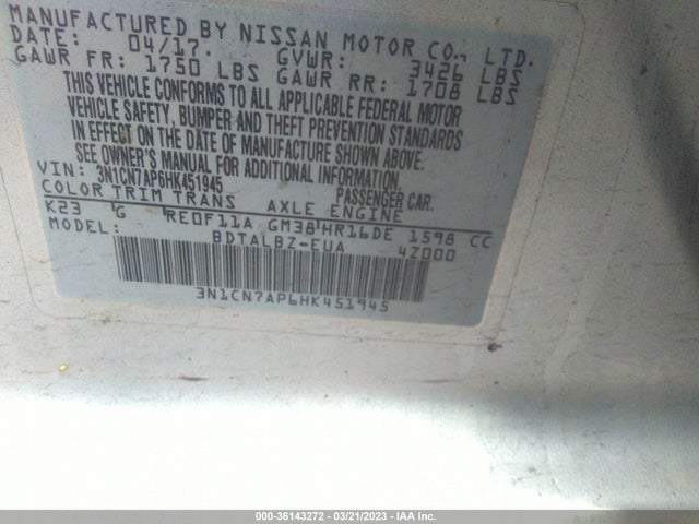 Nissan Versa Sedan Sv 2017 3N1CN7AP6HK451945 Image 9